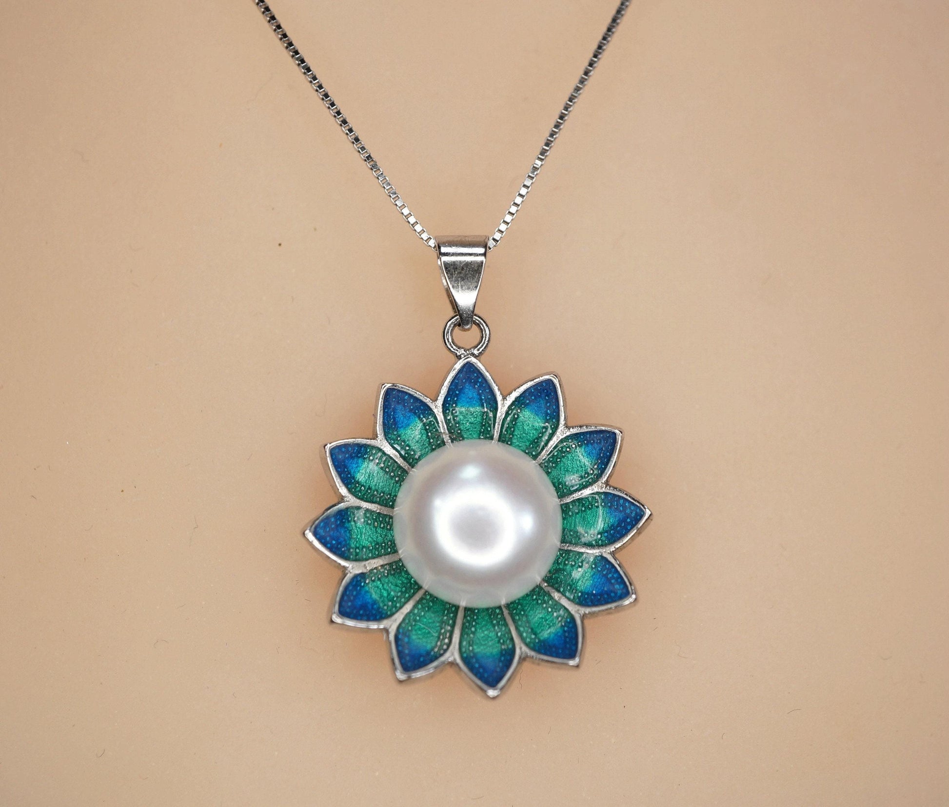 Genuine Freshwater Pearl Necklace - Sterling Silver Blue Lotus Flower Necklace 1105