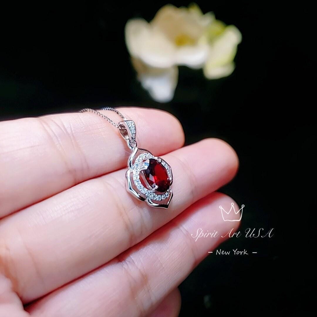 Garnet Necklace Sterling Silver flower of Life Red Gemstone Dainty Orange Spessartite Garnet Jewelry Tiny Garnet Choker Chakra Healing 1124