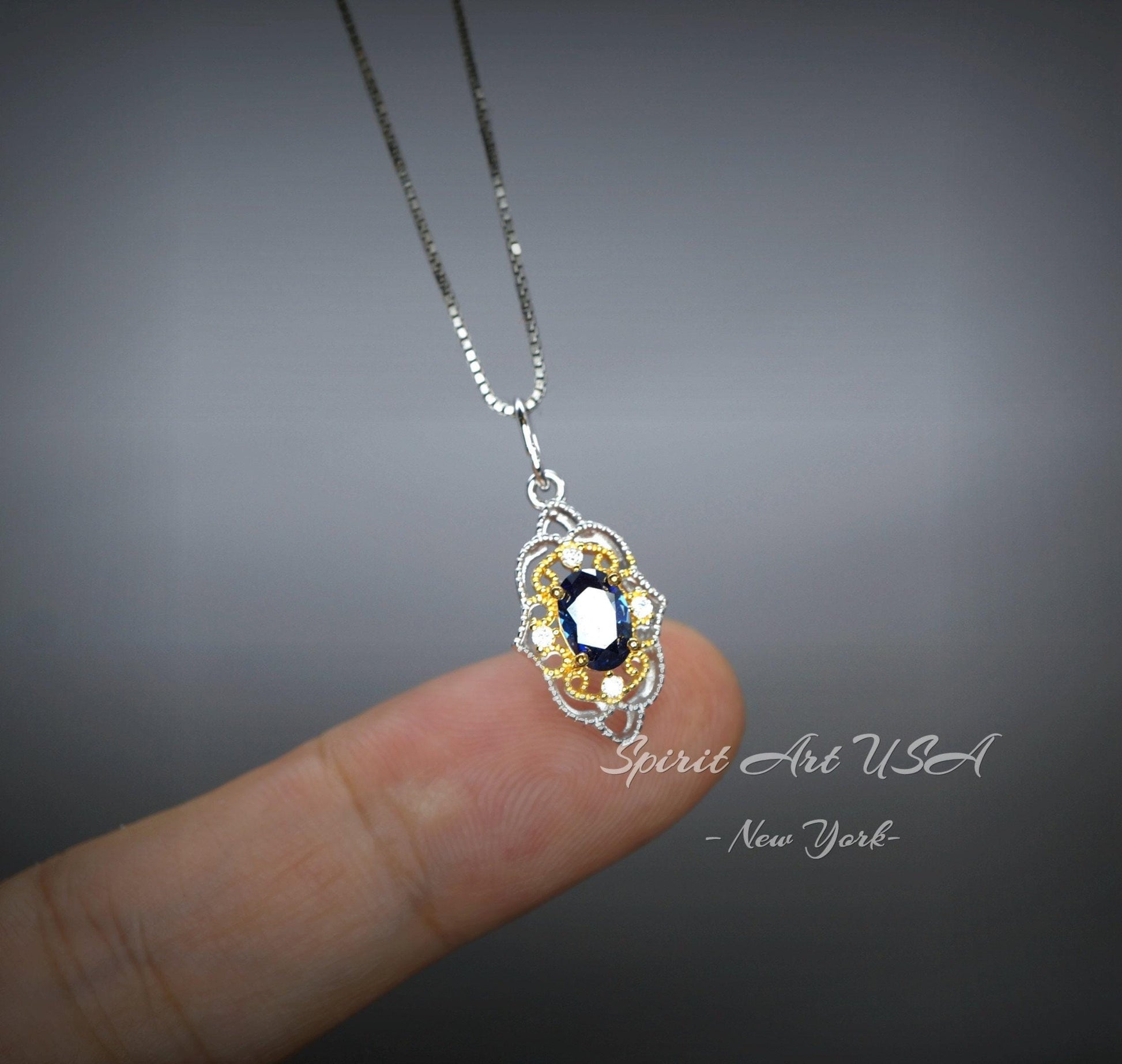 Tiny Thorn Apple Blue Sapphire Necklace - Sterling Silver Minimalist Oval Blue Sapphire Pendant - Blessing Buddha Hand Jewelry 1103