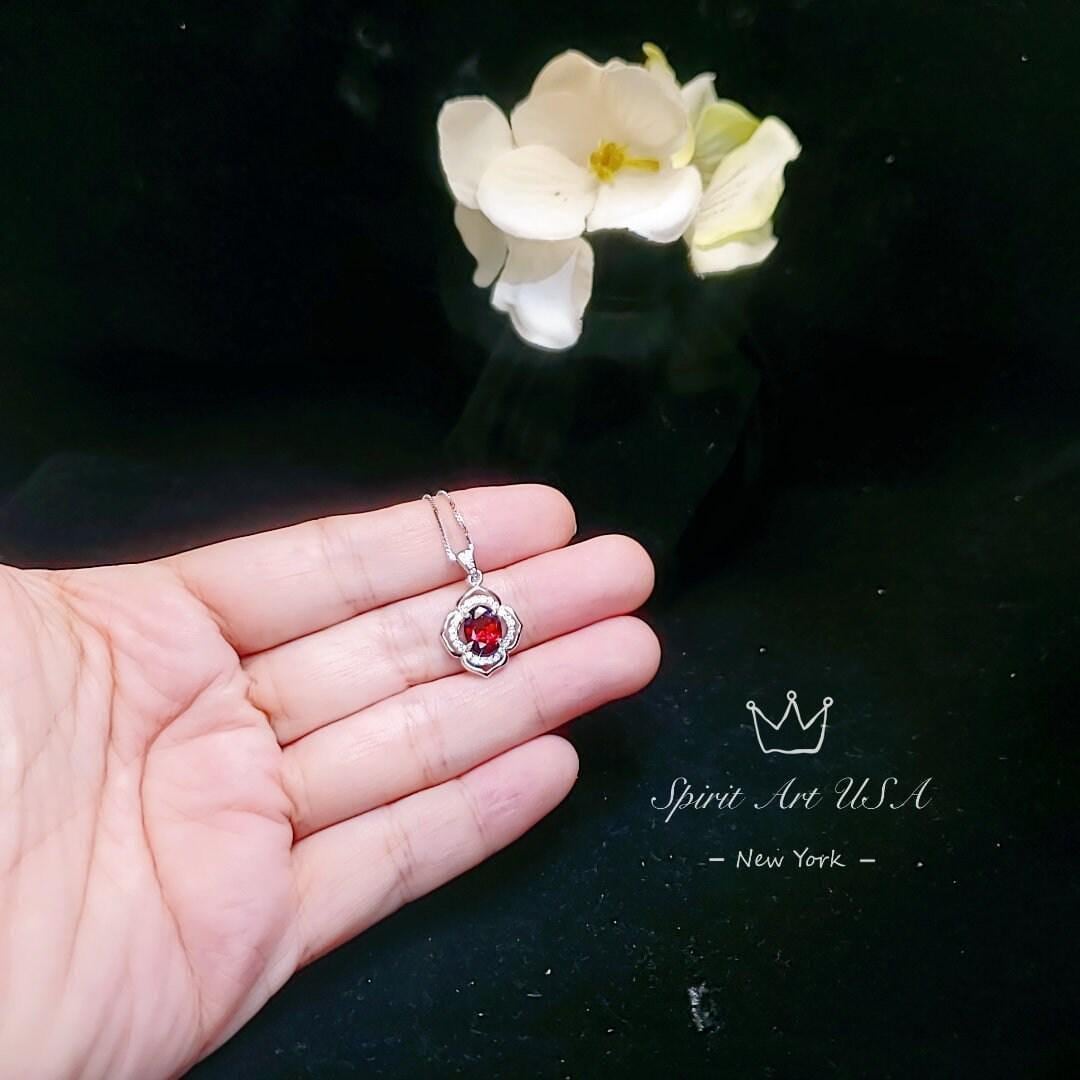 Garnet Necklace Sterling Silver flower of Life Red Gemstone Dainty Orange Spessartite Garnet Jewelry Tiny Garnet Choker Chakra Healing 1124