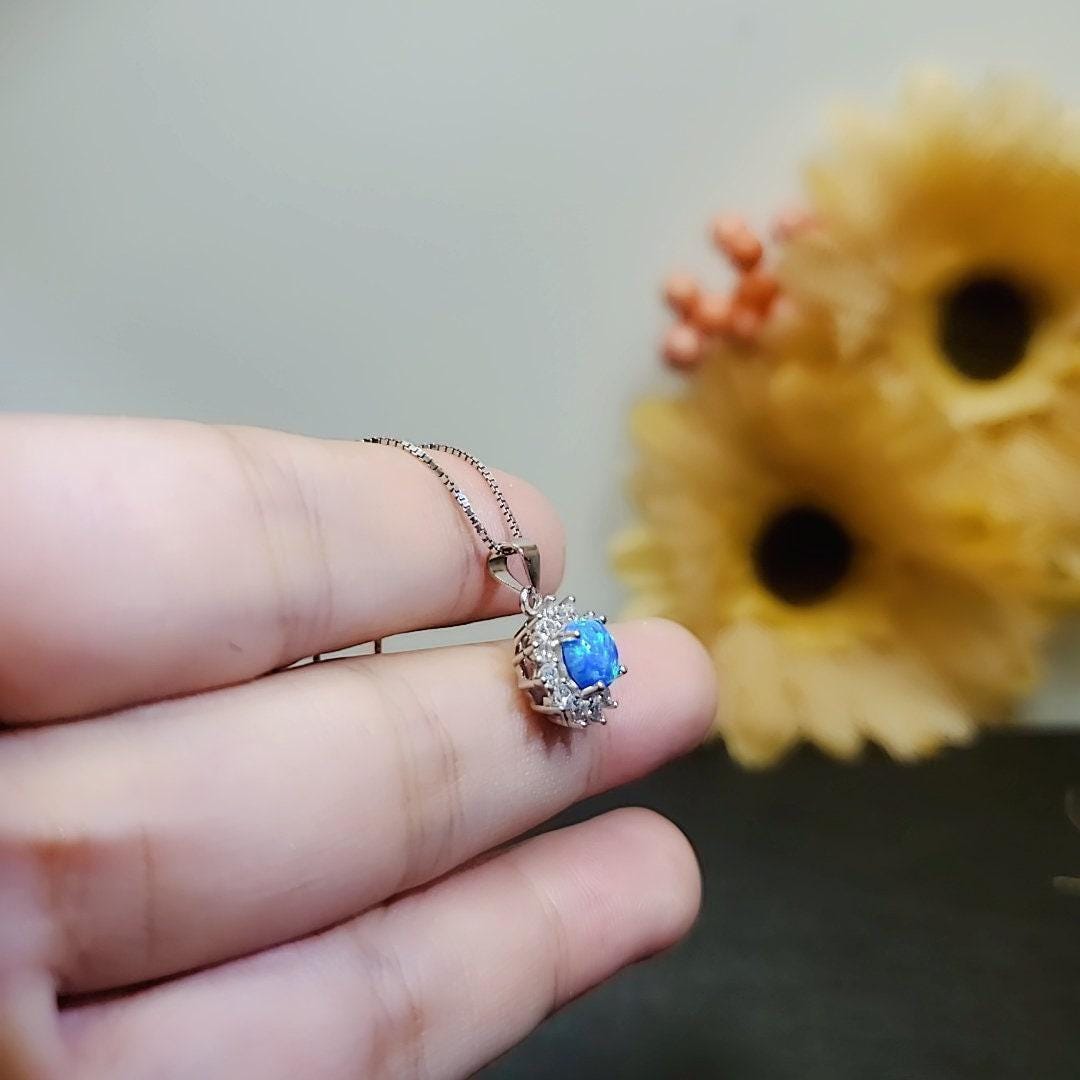 Tiny Blue Opal Necklace, Gemstone Sunflower Princess Diana Style Sterling Silver Halo 6 mm Blue Opal Pendant Jewelry #002