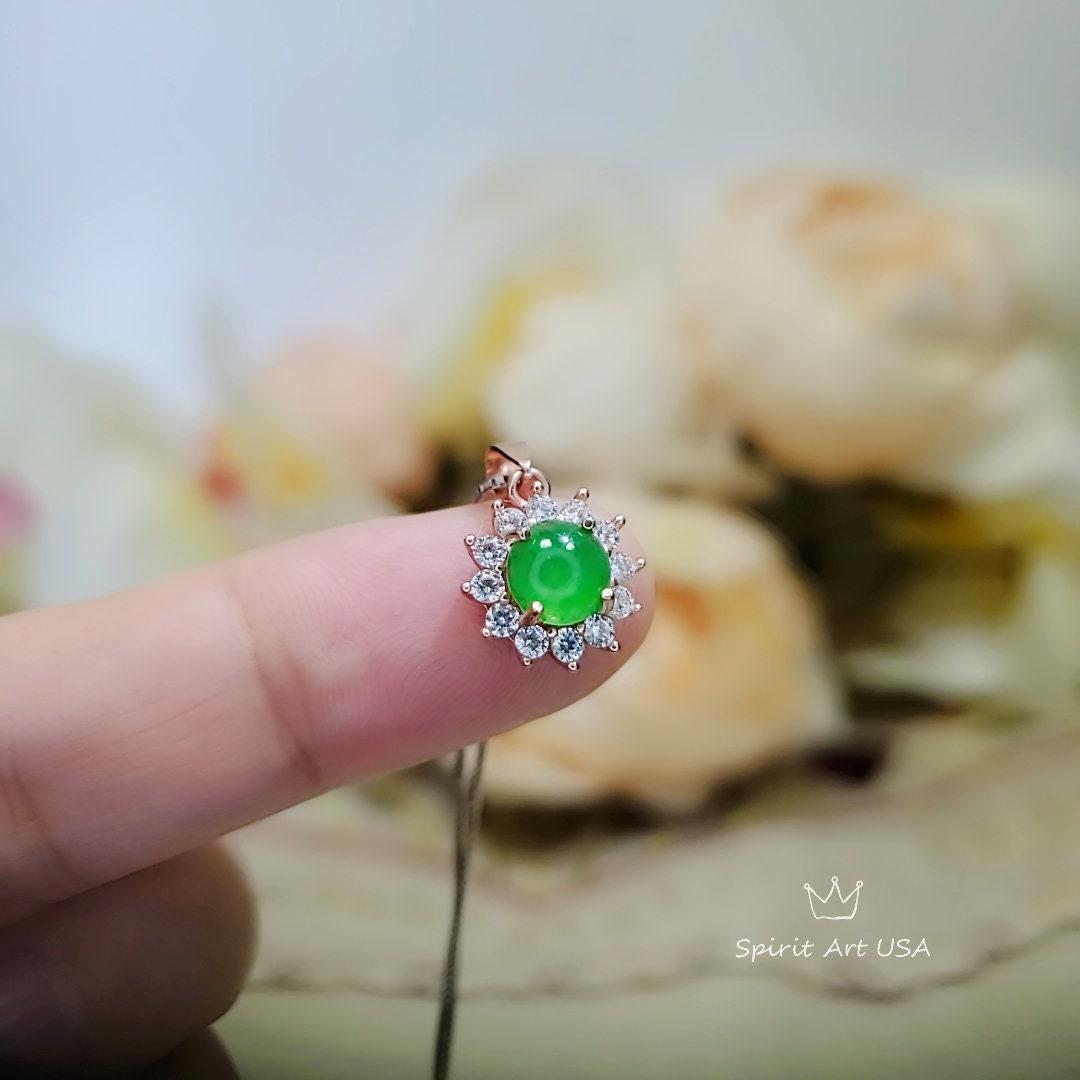 Rose Gold Green Jade Necklace Tiny Diamond Sunflower Sterling Silver Princess Diana Style Green Jade Pendant Jewelry 1077