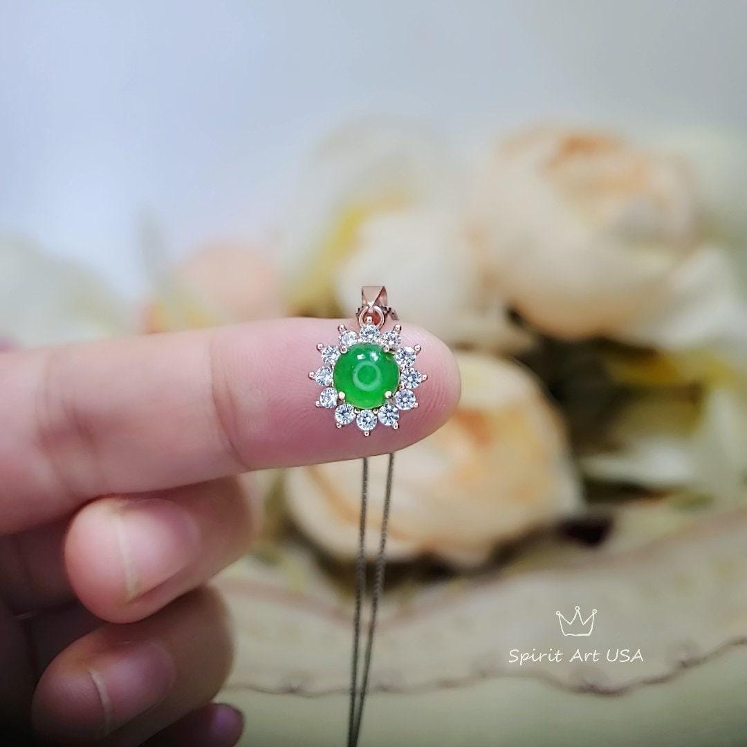 Rose Gold Green Jade Necklace Tiny Diamond Sunflower Sterling Silver Princess Diana Style Green Jade Pendant Jewelry 1077