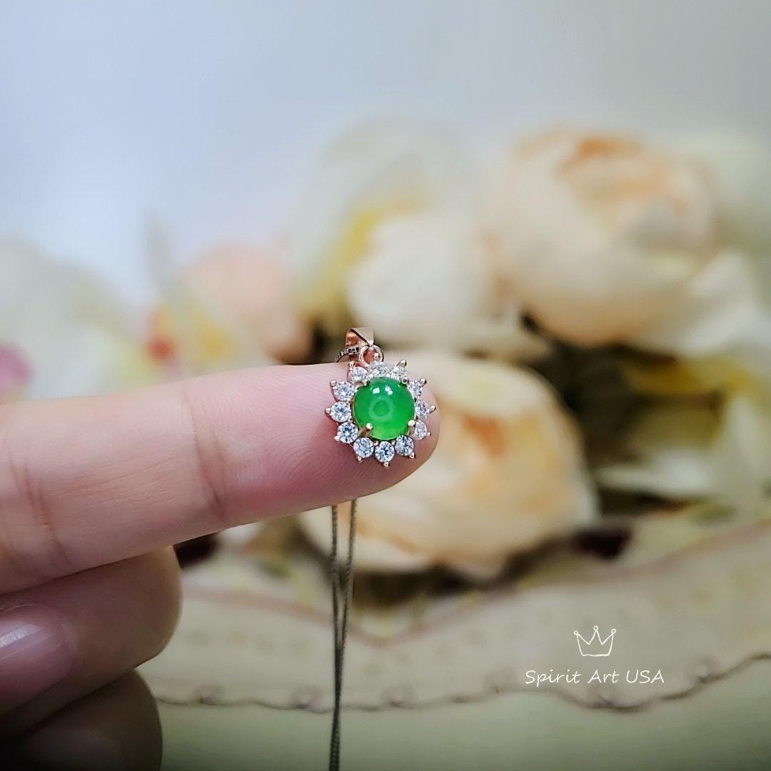 Rose Gold Green Jade Necklace Tiny Diamond Sunflower Sterling Silver Princess Diana Style Green Jade Pendant Jewelry 1077