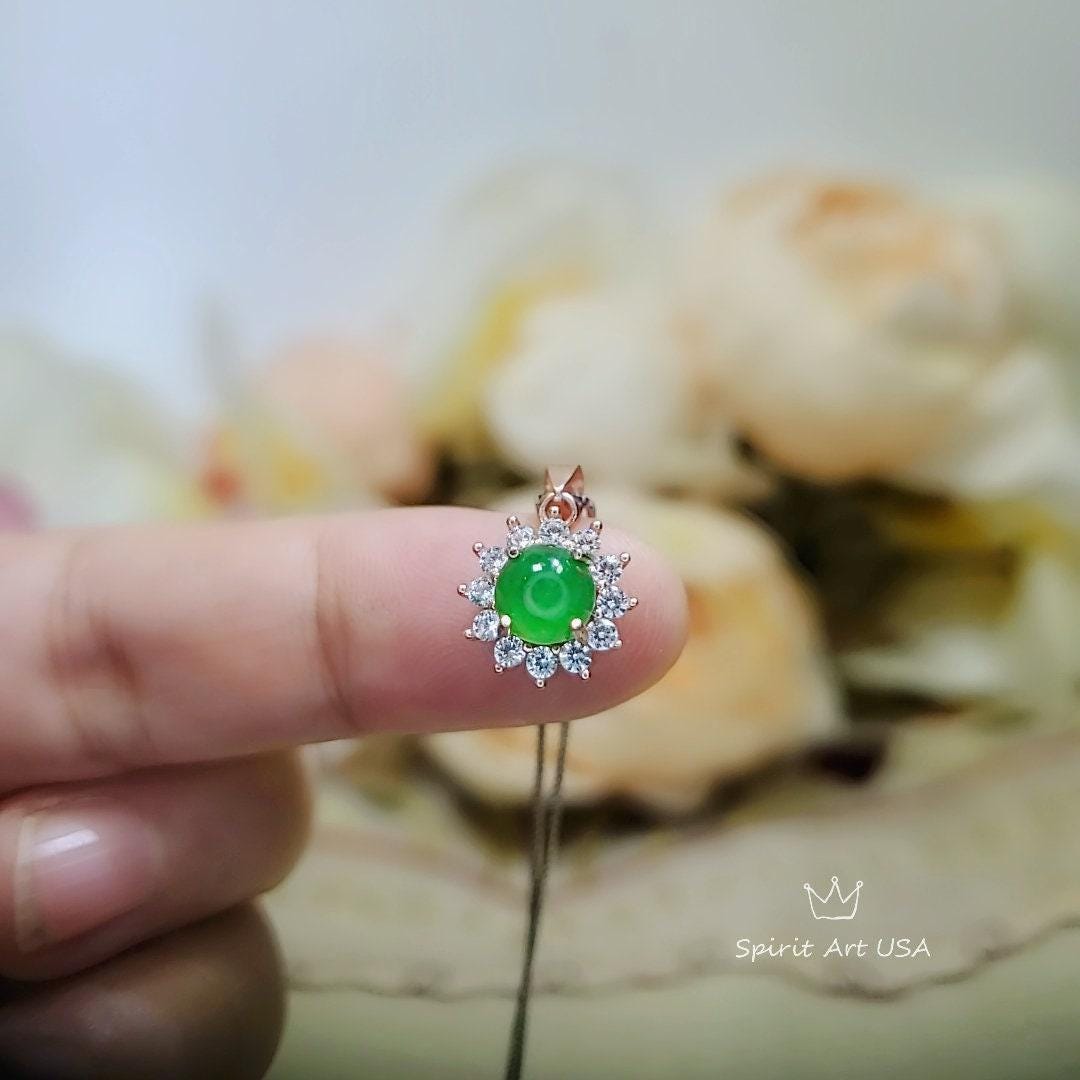 Rose Gold Green Jade Necklace Tiny Diamond Sunflower Sterling Silver Princess Diana Style Green Jade Pendant Jewelry 1077