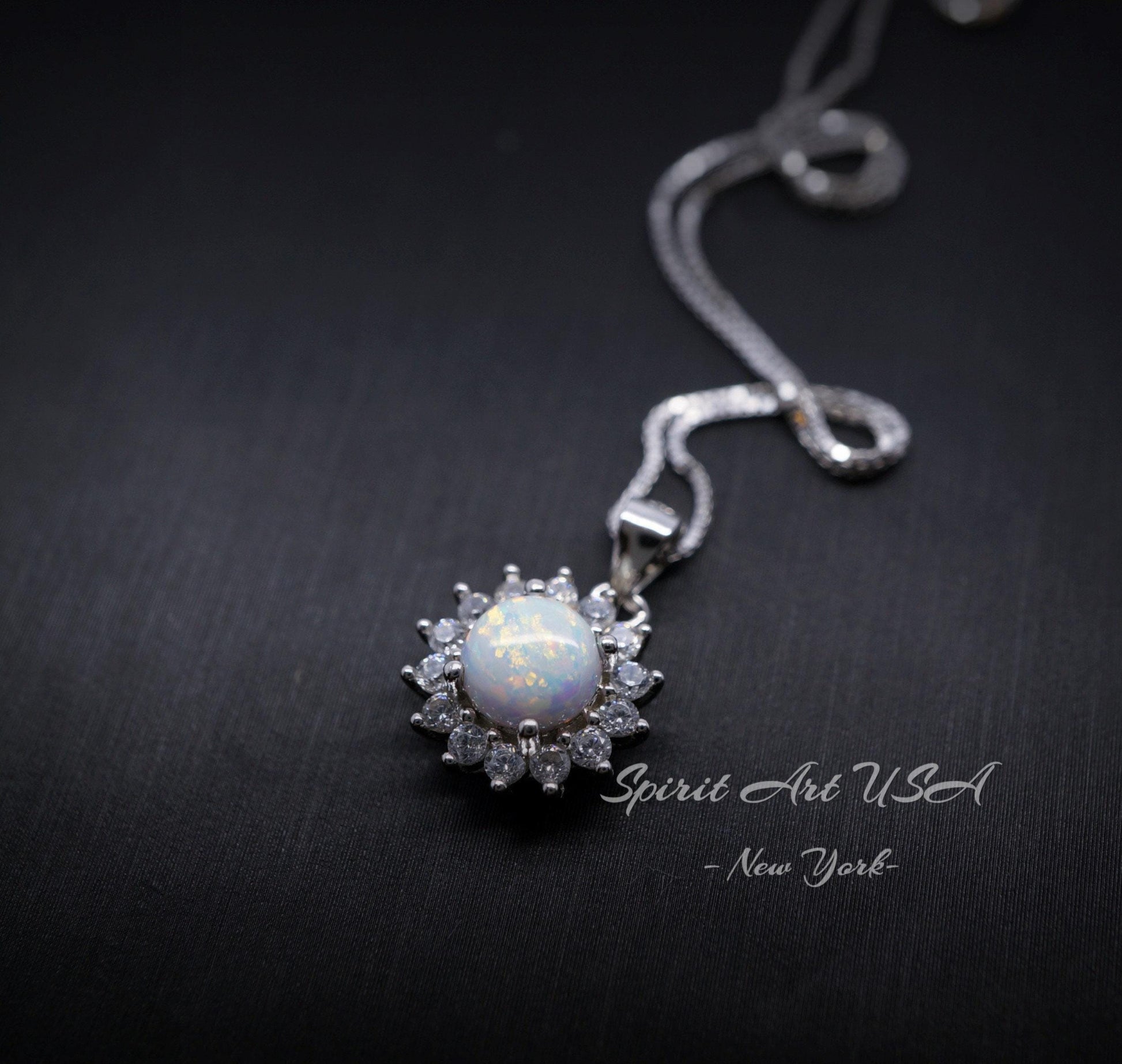 Opal Necklace - Princess Diana Necklace - Solitaire White Fire Opal Full Sterling Silver #001