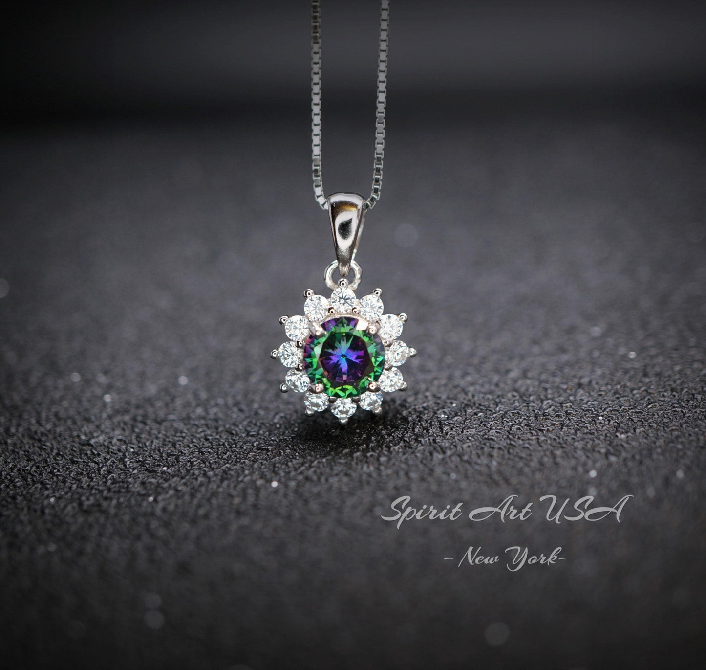 Tiny Sunflower Mystic Topaz Necklace - Gemstone Surround Princess Diana Style Minimalist Rainbow Mystic Topaz Pendant 035