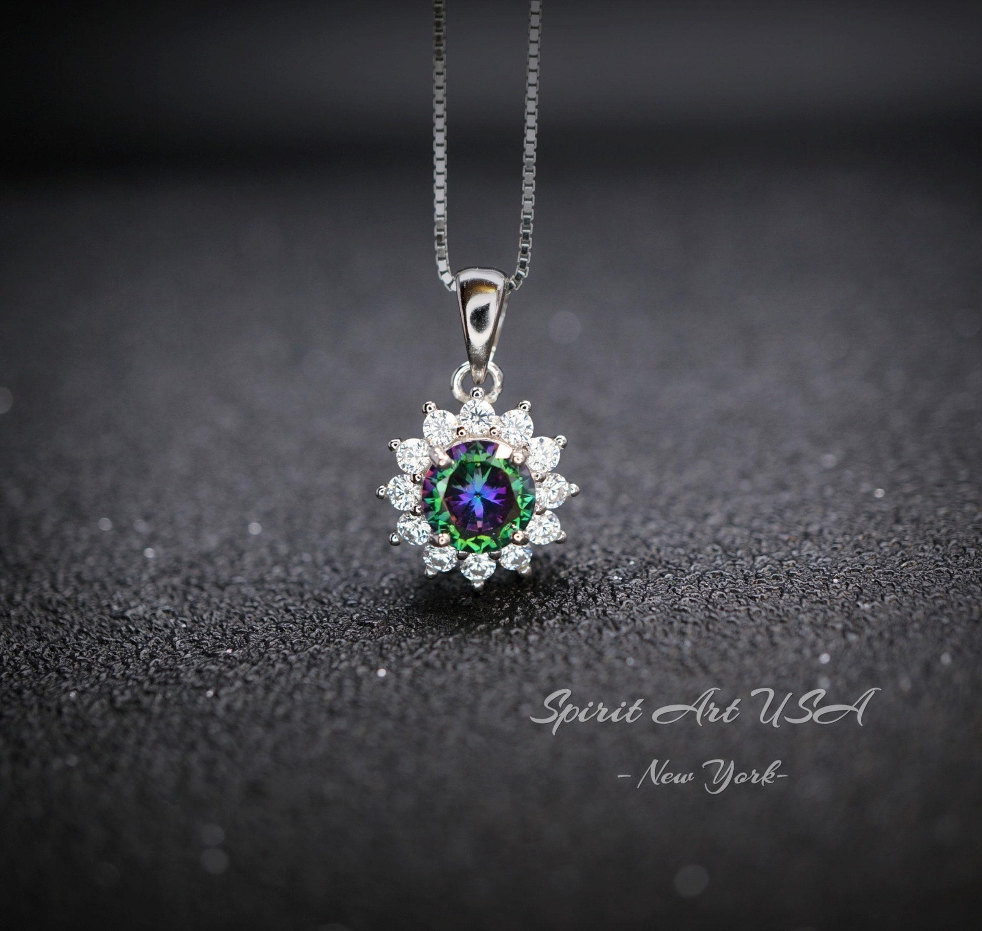 Tiny Sunflower Mystic Topaz Necklace - Gemstone Surround Princess Diana Style Minimalist Rainbow Mystic Topaz Pendant 035
