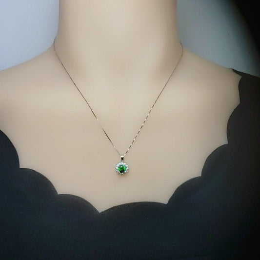 Minimalist Green Diopside Necklace Sterling Silver Sunflower Princess Diana Style Tiny Green Gemstone Pendant 1102