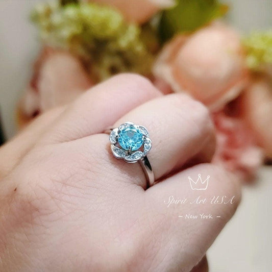 Aquamarine Ring Sterling Silver Flower Size March birthstone 1059