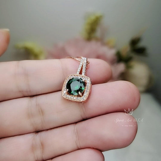 2 CT Emerald Necklace - Gemstone Square Halo Rose Gold plated Sterling Silver round cut emerald pendant #141