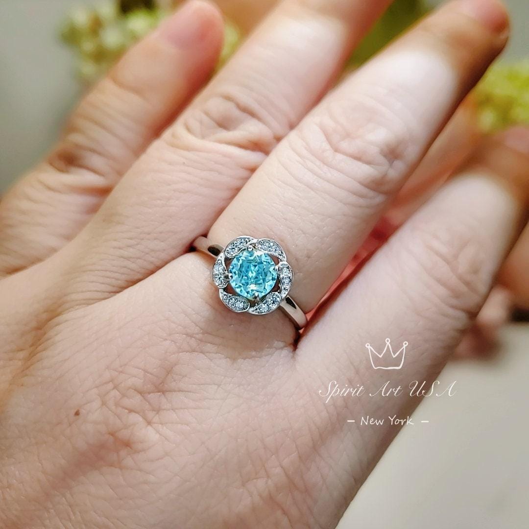 Aquamarine Ring Sterling Silver Flower Size March birthstone 1059