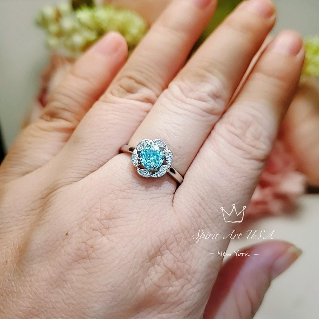 Aquamarine Ring Sterling Silver Flower Size March birthstone 1059
