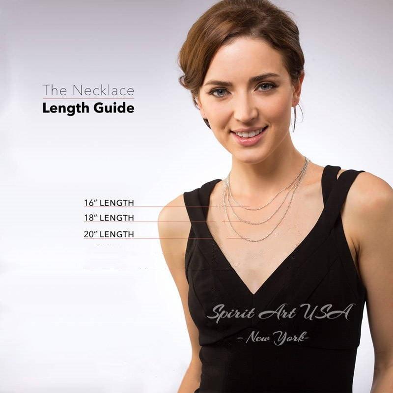 The image is a portrait of a woman wearing a black dress, with a focus on the necklace she is wearing. The image includes text that provides a necklace length guide, indicating the necklace's length in inches, with the shortest necklace being 16 inches long and the longest being 20 inches long.