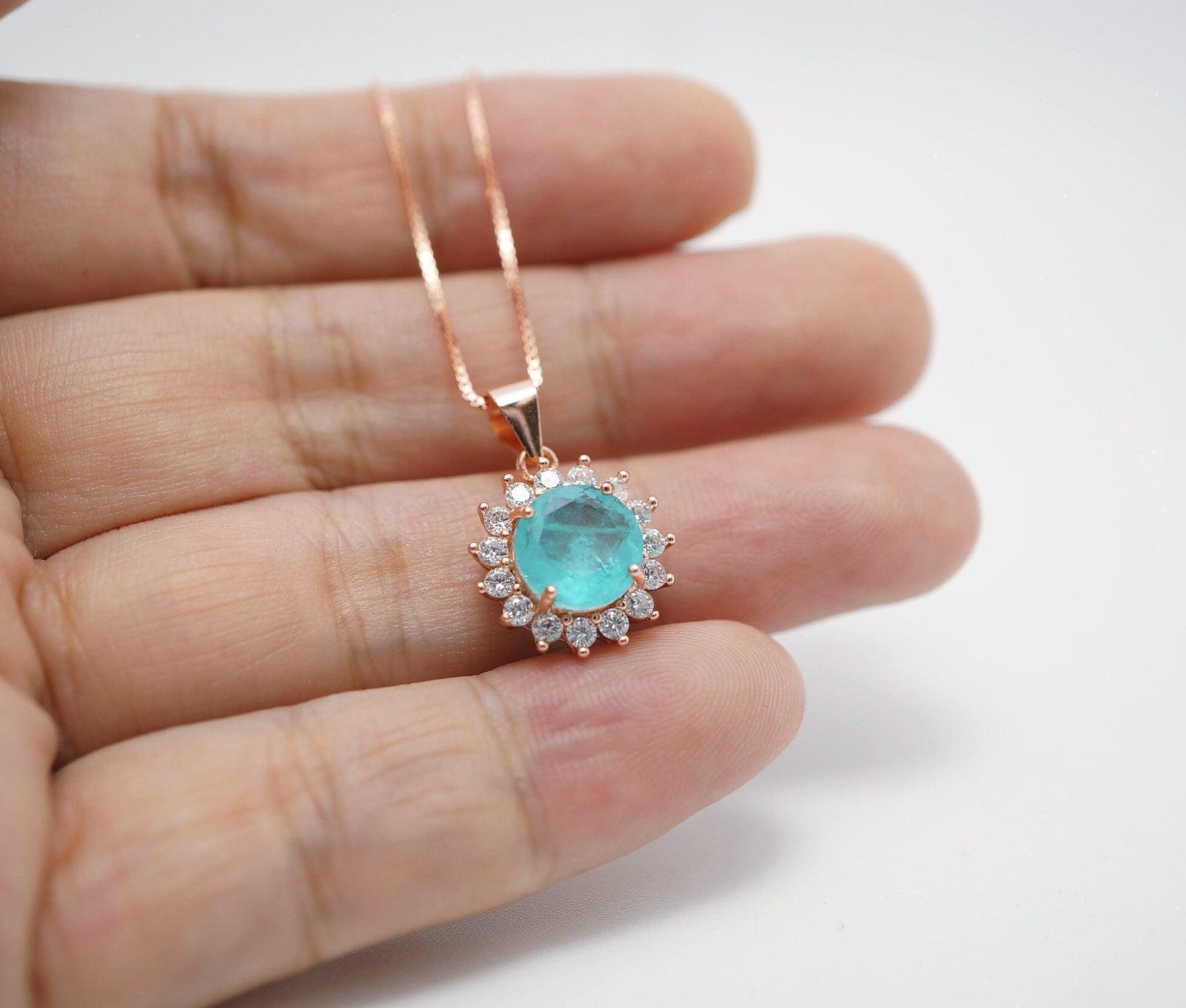 Blue Paraiba Tourmaline Necklace 8mm- Rose Gold Coated 925 Sterling Silver Princess Diana Style Hola Paraiba Pendant 085