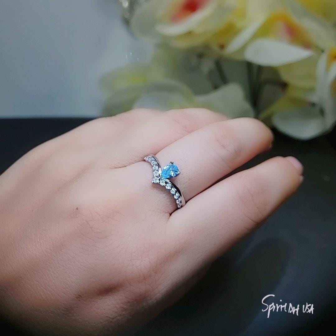 Crown Blue Aquamarine Ring Sterling Silver Sim Diamond Dainty Teardrop Pear Blue Gemstone Solitare Halo Ring 1062