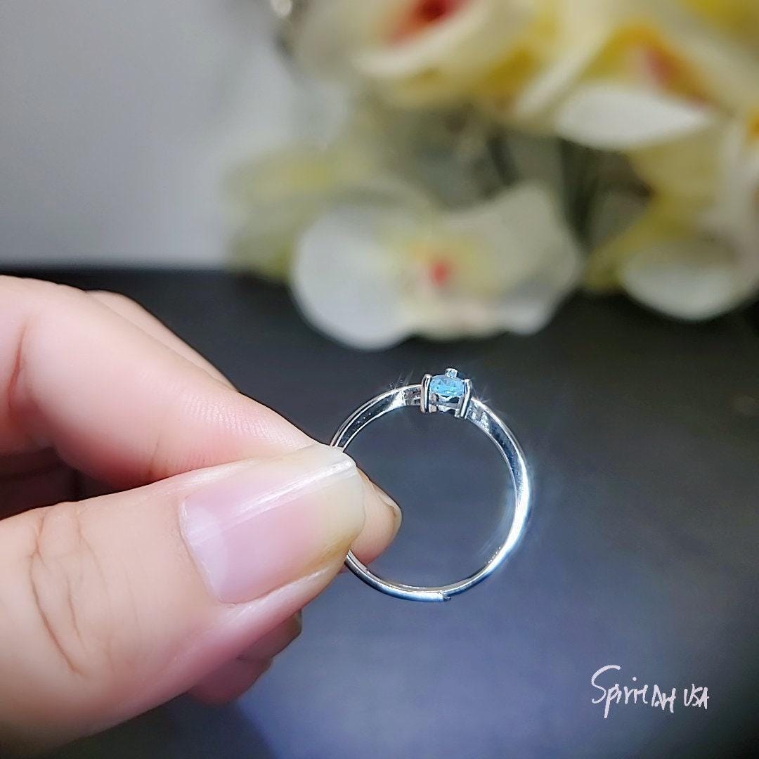 Crown Blue Aquamarine Ring Sterling Silver Sim Diamond Dainty Teardrop Pear Blue Gemstone Solitare Halo Ring 1062