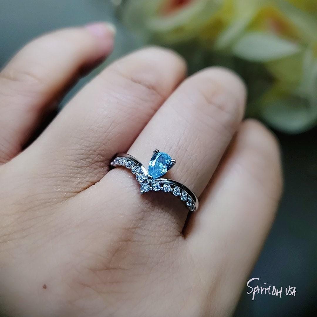 Crown Blue Aquamarine Ring Sterling Silver Sim Diamond Dainty Teardrop Pear Blue Gemstone Solitare Halo Ring 1062