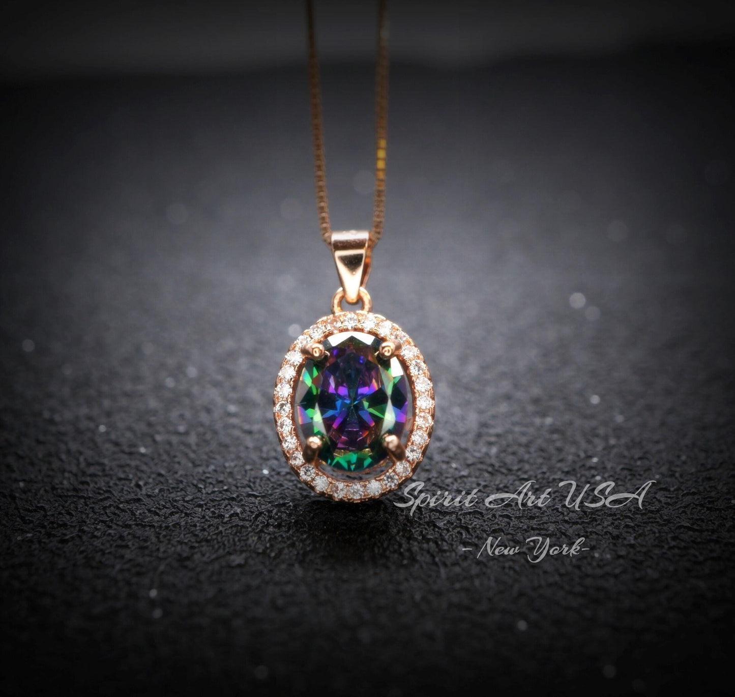 Rainbow Mystic Topaz Necklace - Rose gold coated Sterling Silver - Oval Cut Mystic Topaz Pendant 052