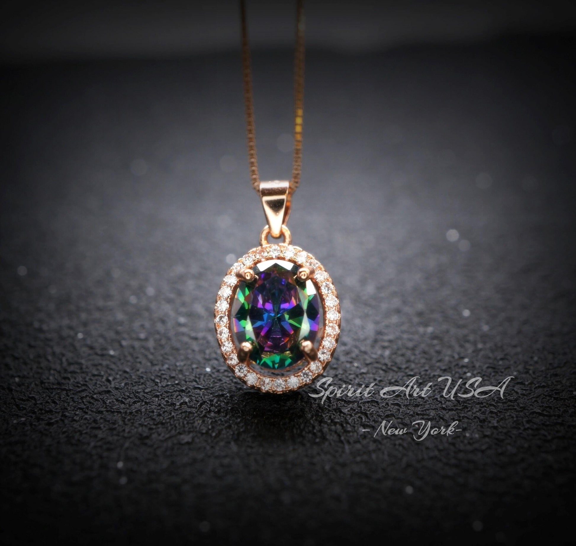 Rainbow Mystic Topaz Necklace - Rose gold coated Sterling Silver - Oval Cut Mystic Topaz Pendant 052