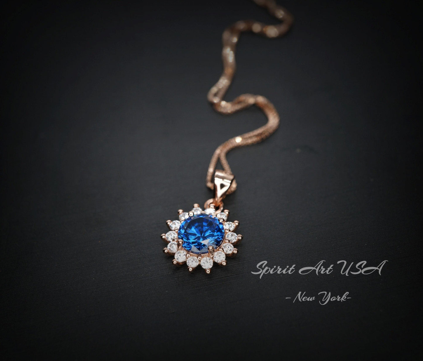 Tiny Rose Gold Blue Sapphire Necklace - Gemstone Sterling Silver - Sunflower 6mm 0.85 CT Blue Gemstone September Birthstone 027