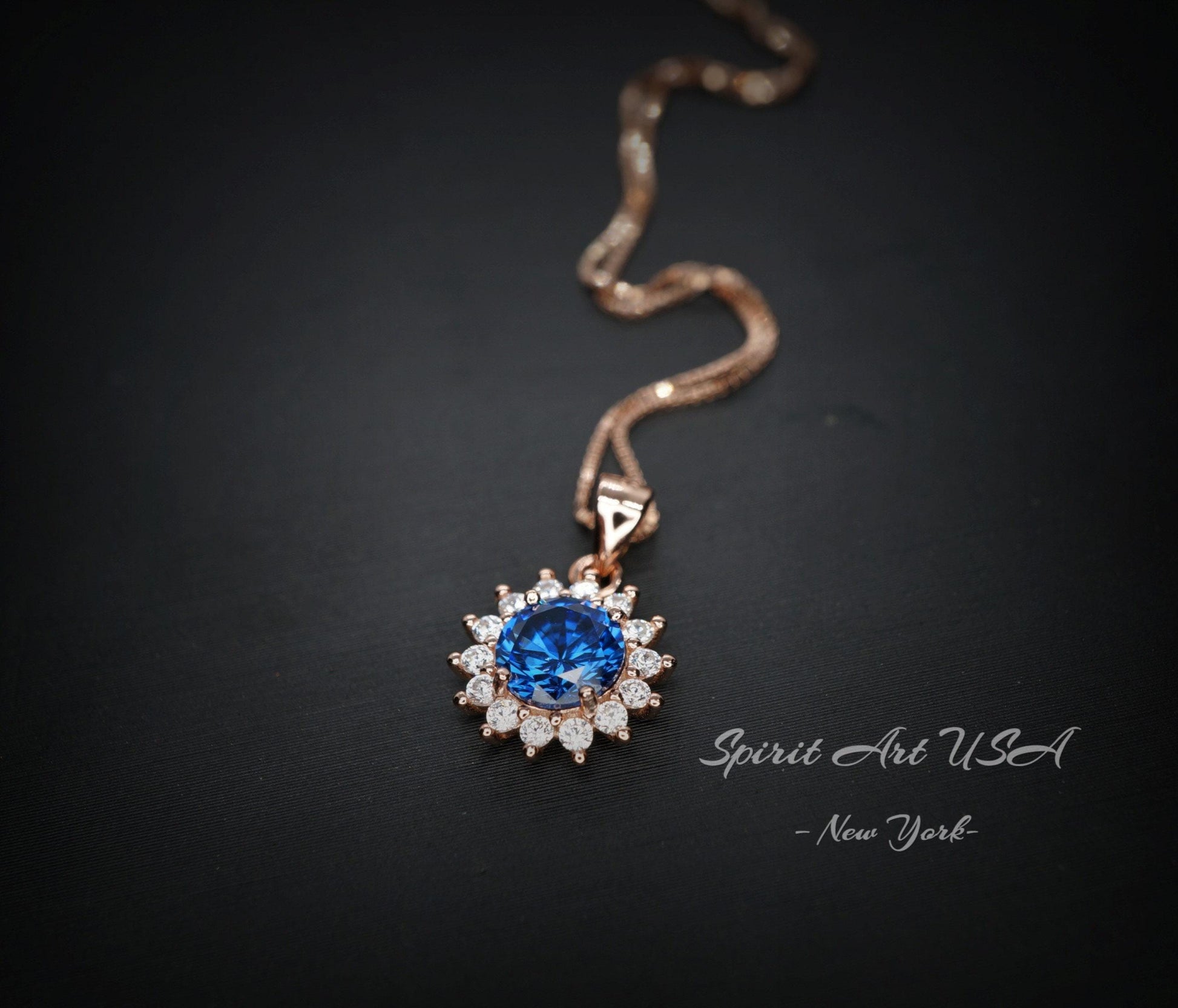 Tiny Rose Gold Blue Sapphire Necklace - Gemstone Sterling Silver - Sunflower 6mm 0.85 CT Blue Gemstone September Birthstone 027