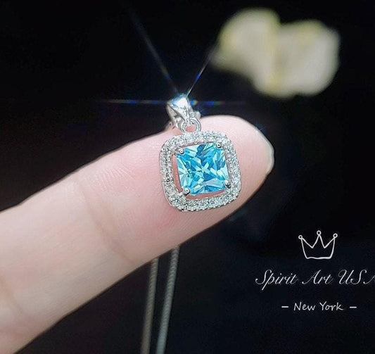 Square Aquamarine Pendant - Full 925 Sterling Silver Tiny Asscher Aquamarine Necklace 045