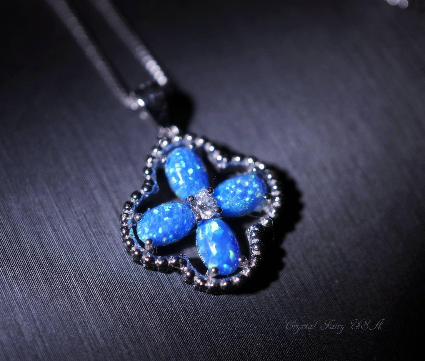 Opal Necklace, Opal Pendant, Opal Jewelry, Four Leaf Clover Sterling Silver White Opal Delicate Minimalist Blue Opal Flower #125