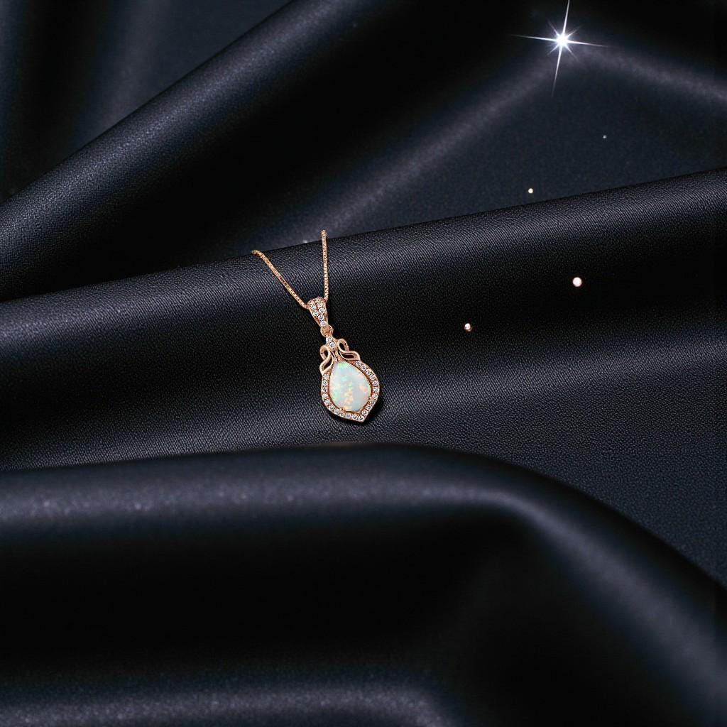 Rose Gold Fire Opal Necklace Sterling Silver Teardrop Tiny White Opal Pendant Solid 18kgp 074