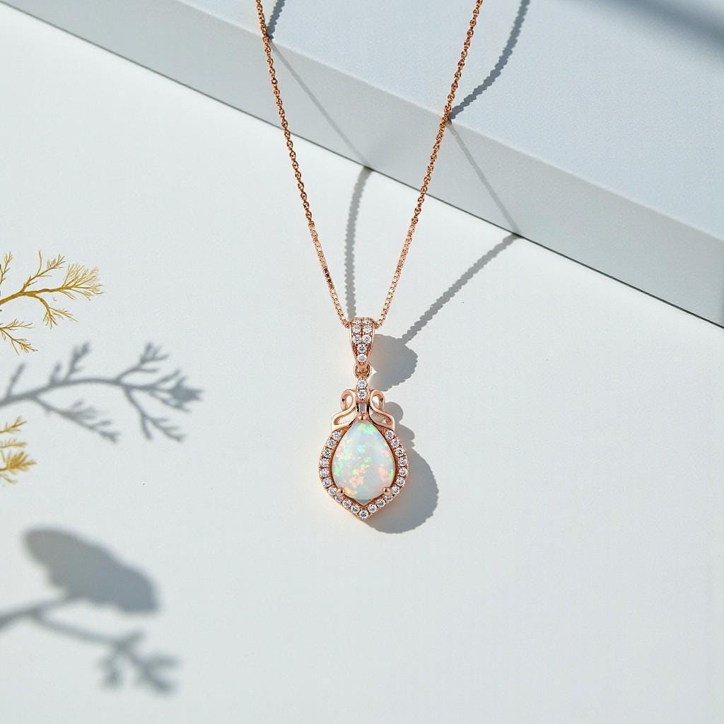 Rose Gold Fire Opal Necklace Sterling Silver Teardrop Tiny White Opal Pendant Solid 18kgp 074