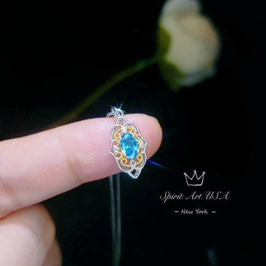 Blue Topaz Necklace - Gold-Plated Sterling Silver Blessing Hand Pendant - Minimalist Jewelry chain 113