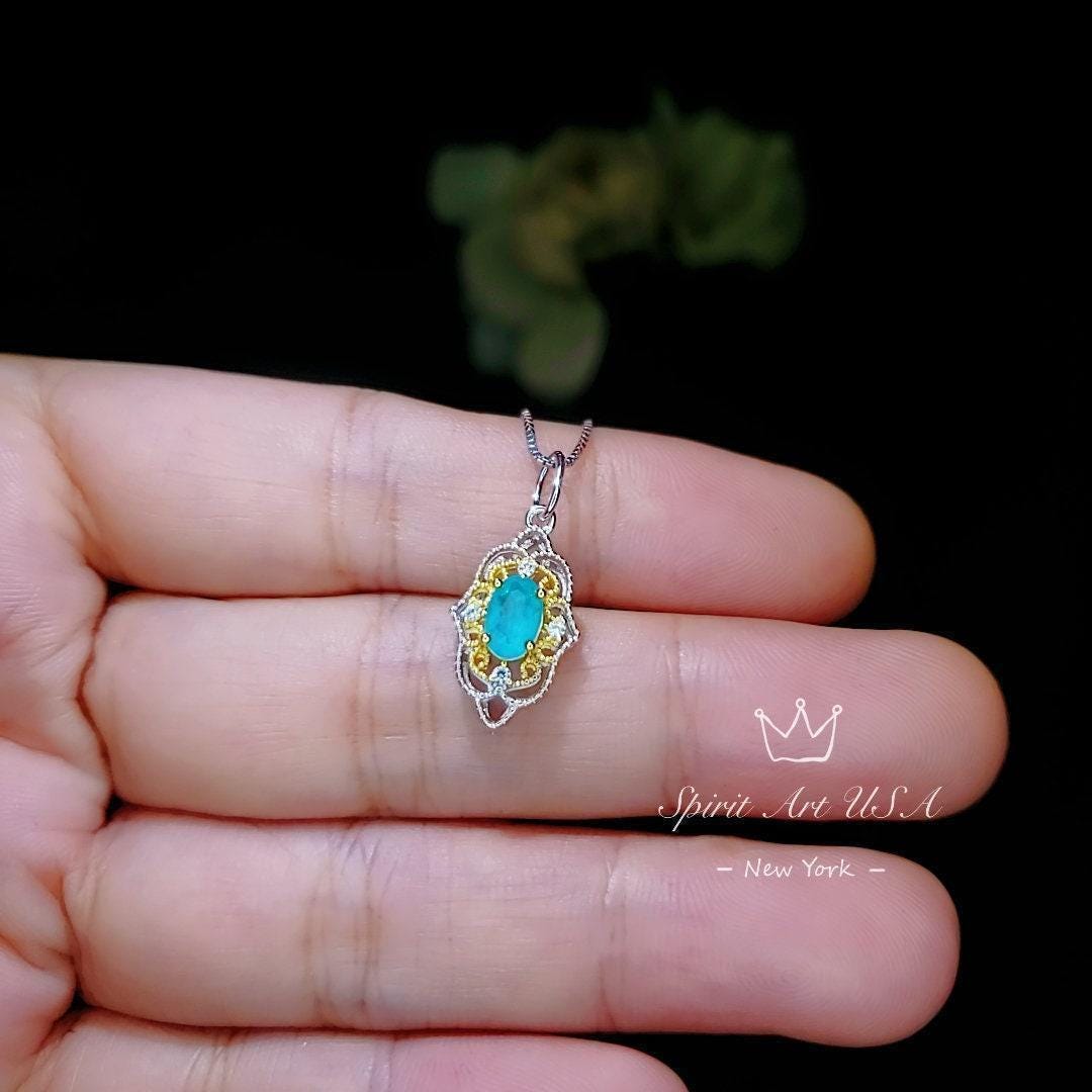 Tiny Thorn Apple Paraiba Necklace - Gold decorated Sterling Silver Minimalist Oval Blue Paraiba Pendant - Blessing Buddha Hand Jewelry #115