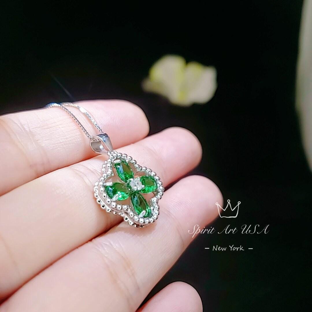 Four Leaf Clover Emerald Necklace – White Gold Lucky Charm Pendant – May Birthstone Jewelry – Handmade Gift for Her 080