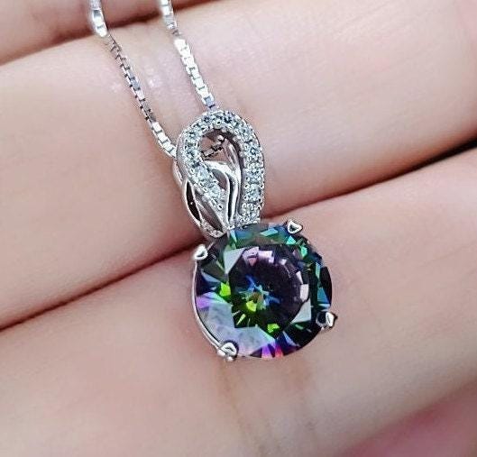 Round Mystic Topaz Necklace Sterling Silver 2 ct Round Sim Gemstone Rainbow Pendant 18k White Gold Coated Solitaire Halo Minimalist 094