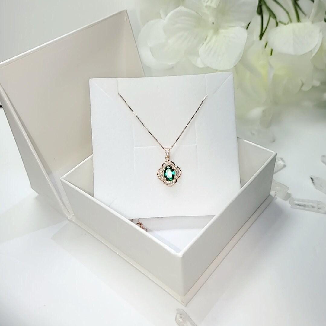 Tiny 1.5 ct Emerald Necklace - Rose Gold or white gold 18k @ Sterling Silver Flower of Life Style Green Gemstone pendant May Birthstone #121