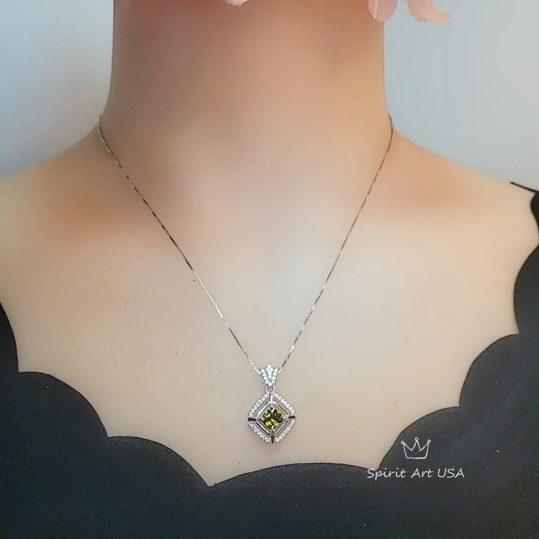 Genuine Square Peridot Necklace 18KGP @ Sterling Silver - Double Halo 0.9 CT Green Peridot Pendant Jewelry - August Birthstone #033