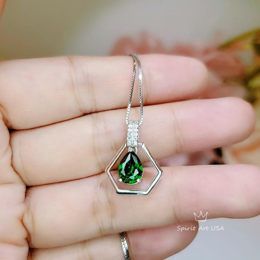 Geometric Green Emerald Necklace - Sterling Silver Triangle Gemstone Teardrop Emerald Pendant Tiny Minimalist Dynamic stone Jewelry #108