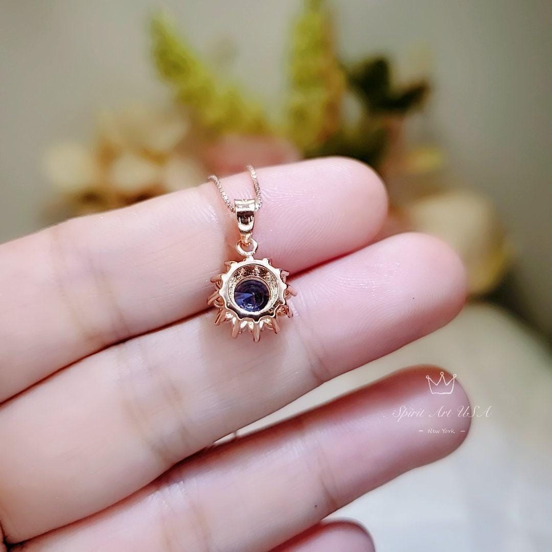Tanzanite Necklace - Gemstone Princess Diana Style Simple Solitaire Halo - Blue Tanzanite Pendant Rose gold coated sterling silver 041