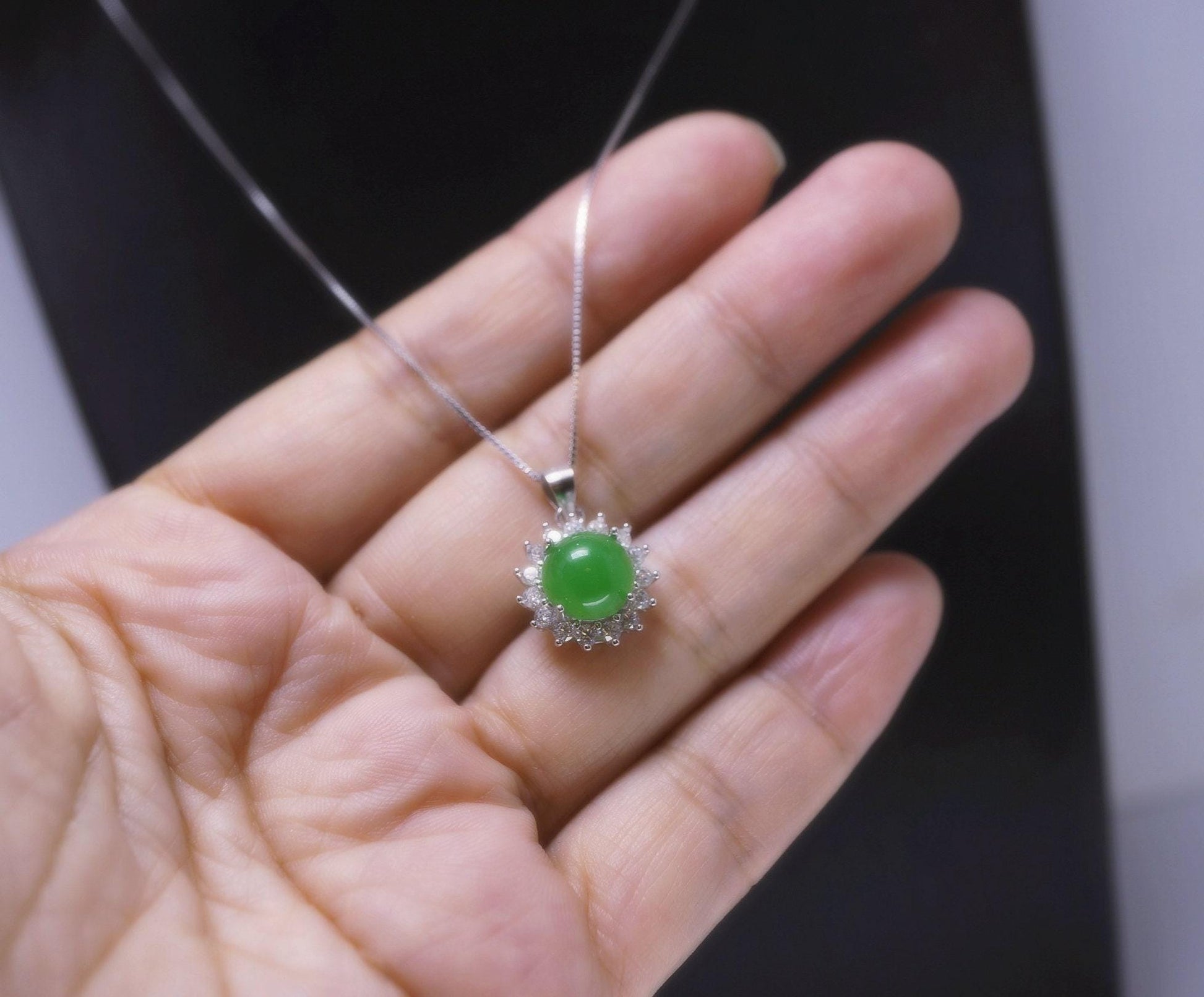 8 mm Green Jade Necklace Sterling Silver Princess Diana Style Sunflower Star Green Jade Pendant #248