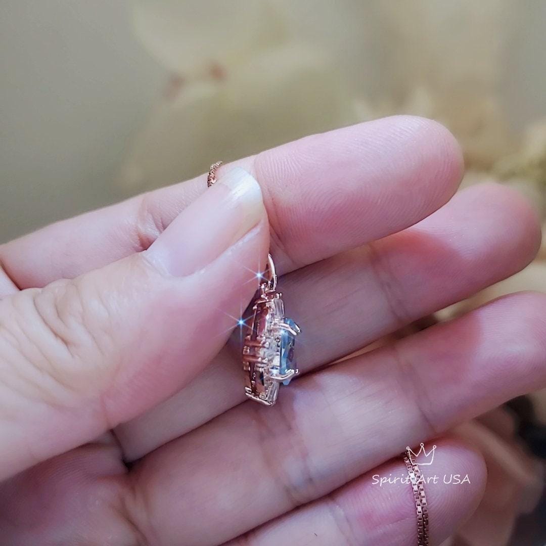 Tiny Aquamarine Necklace - Rose Gold 925 Sterling Silver Gemstone Halo Blue Aquamarine Pendant March Birthstone 076