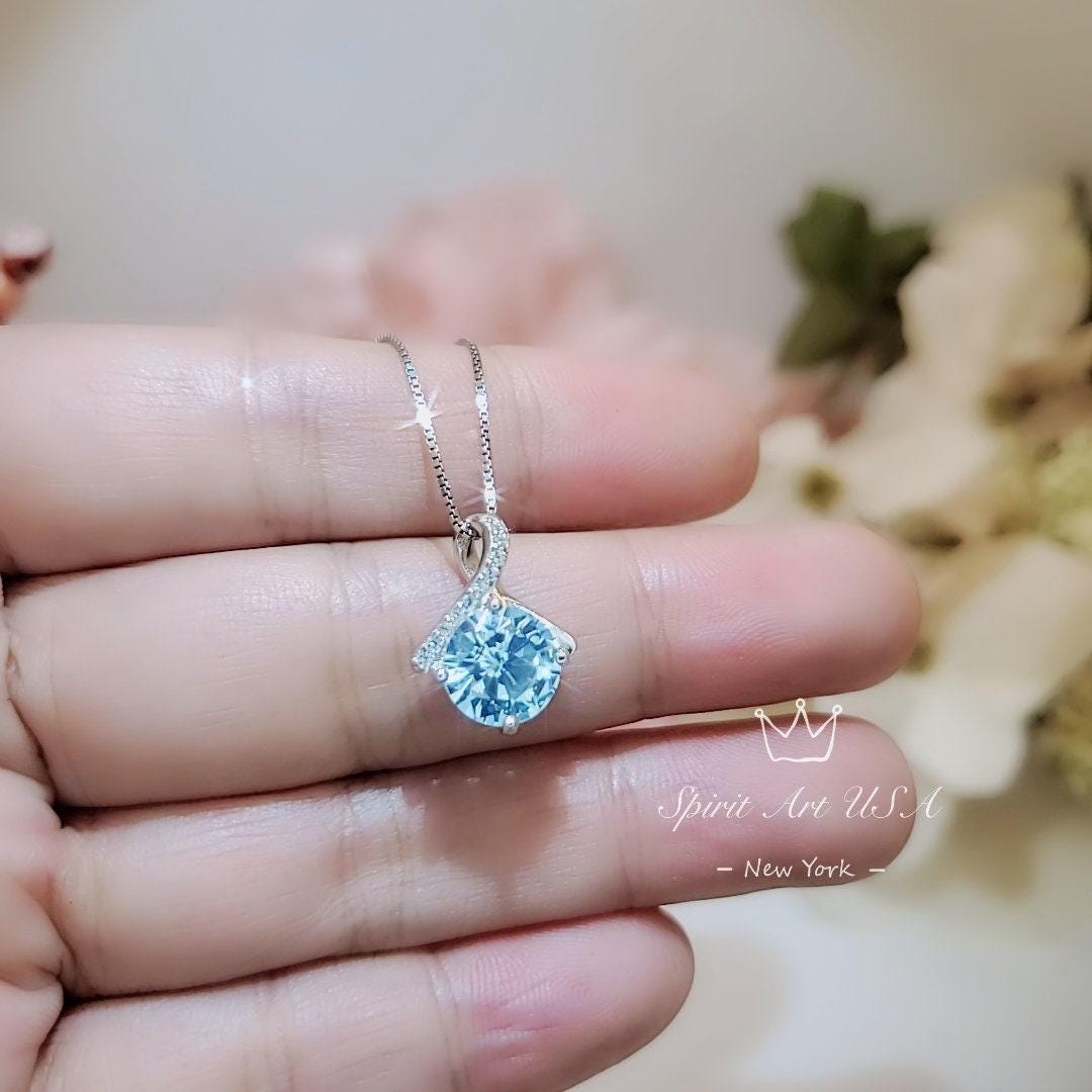 2.2 CT Blue Aquamarine Necklace Gemstone Knot Pendant Simple Bowknot Bright Blue Gemstone White Gold Coated Sterling Silver Minimalist #110