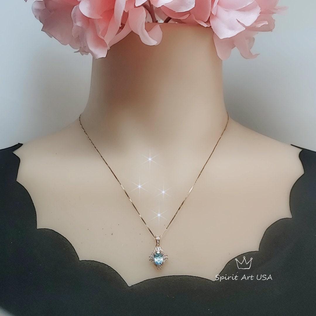 Tiny Aquamarine Necklace - Rose Gold 925 Sterling Silver Gemstone Halo Blue Aquamarine Pendant March Birthstone 076