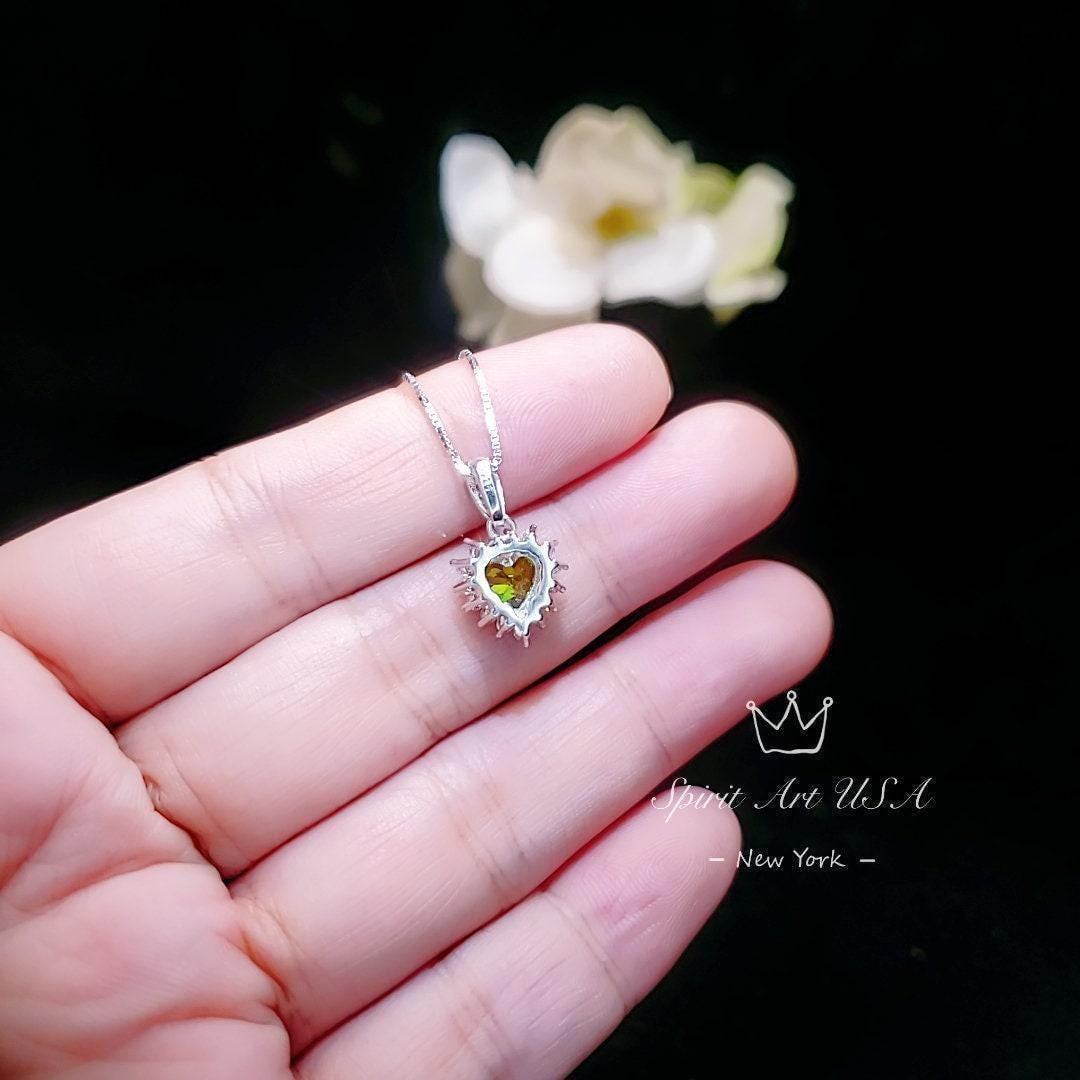 Tiny Genuine Green Peridot Necklace - Sterling Silver August Birthstone Halo Heart Peridot Jewelry #008