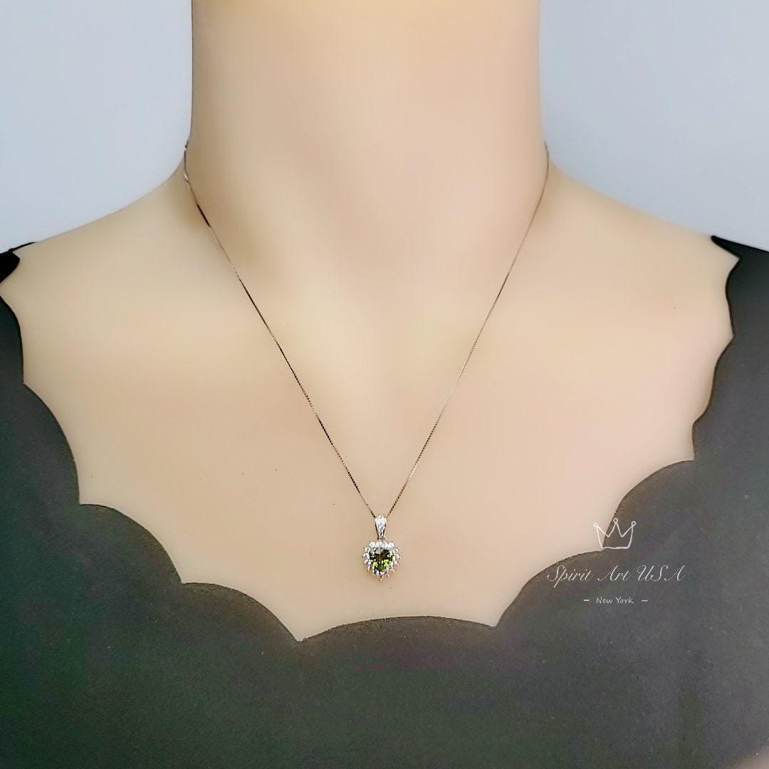 Tiny Genuine Green Peridot Necklace - Sterling Silver August Birthstone Halo Heart Peridot Jewelry #008