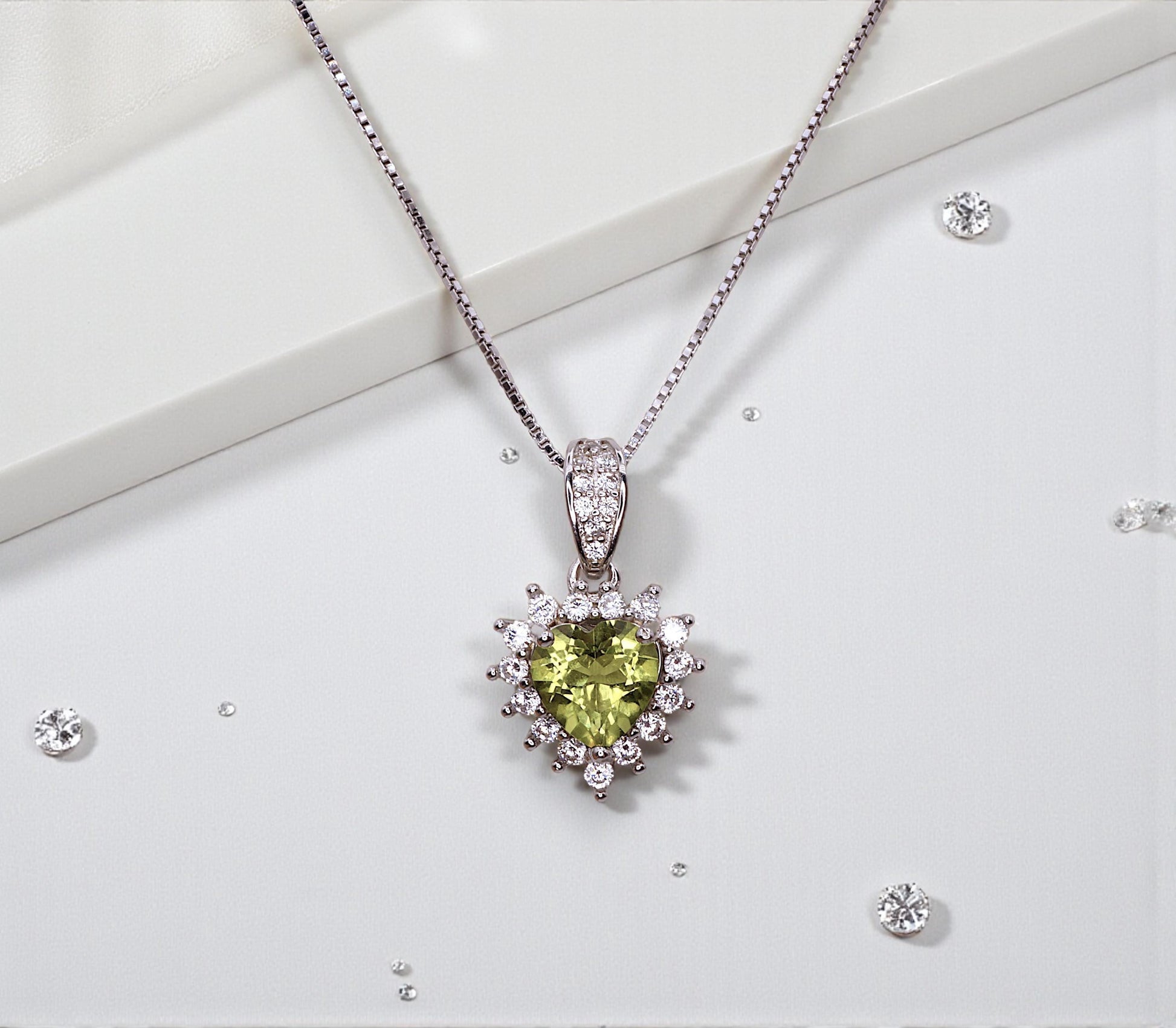 Tiny Genuine Green Peridot Necklace - Sterling Silver August Birthstone Halo Heart Peridot Jewelry #008