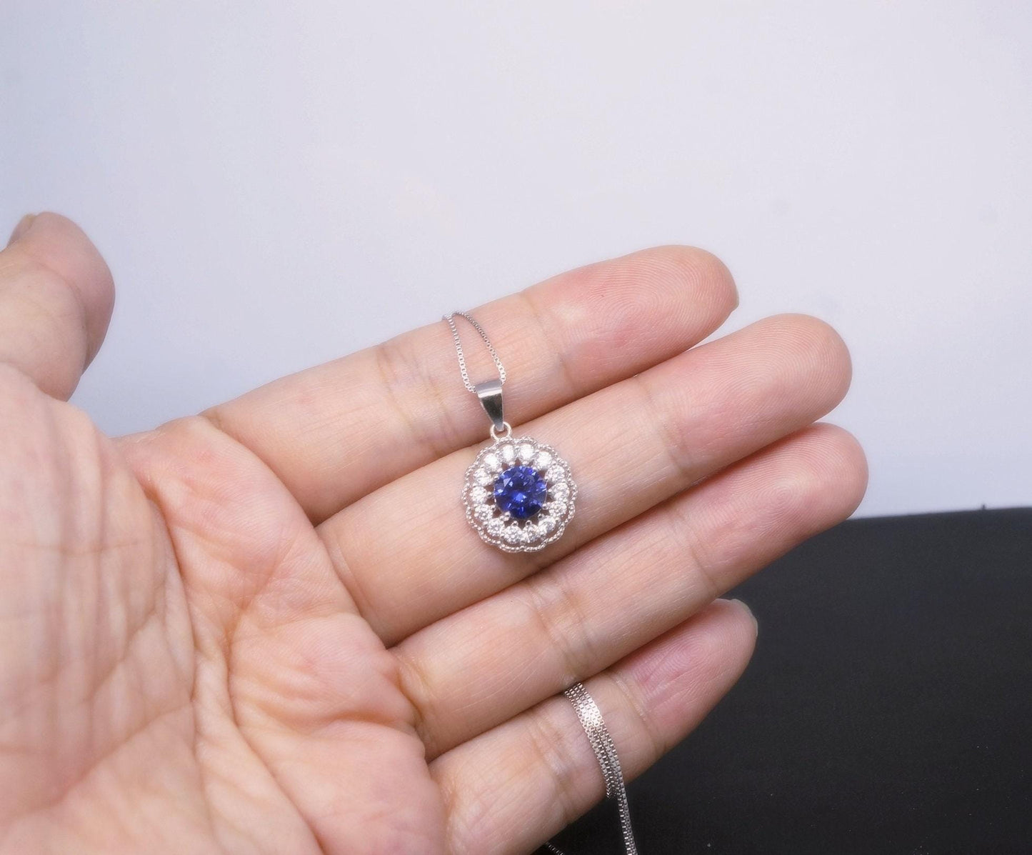 Tanzanite Necklace Sterling Silver - 925 Round Cubic Zirconia Flower of Life Tanzanite Pendant 1027