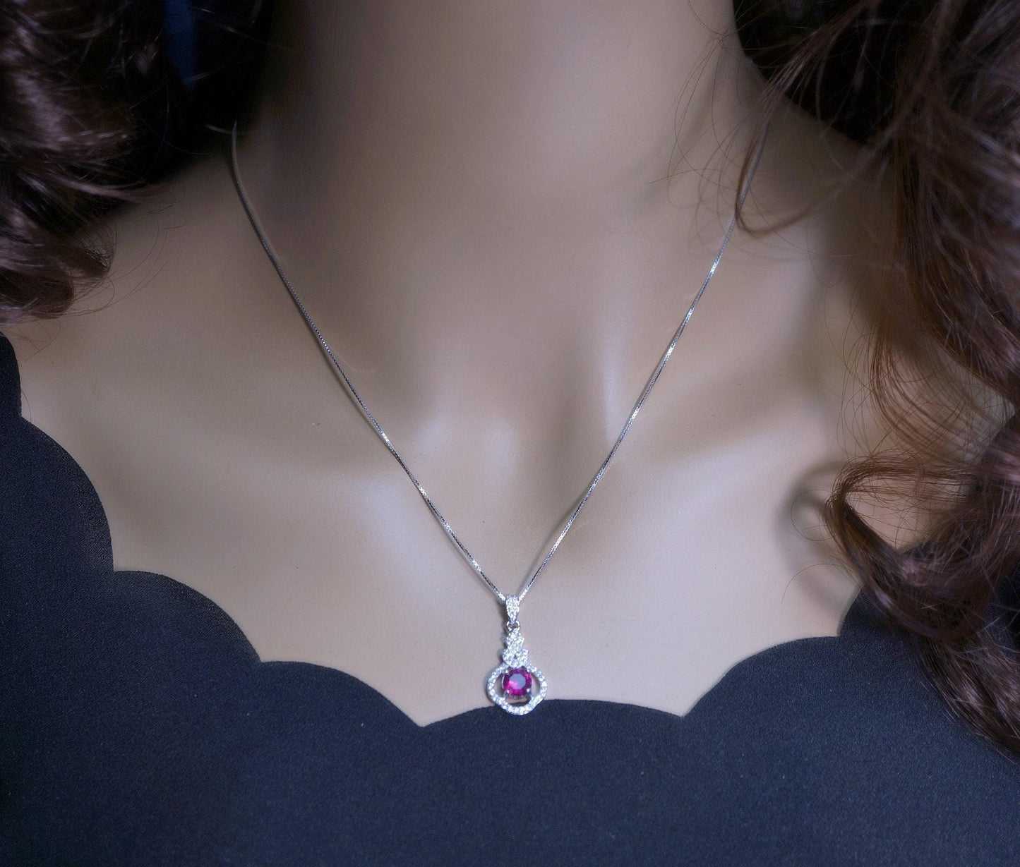 Tiny Red Ruby Necklace Sterling Silver, Round 0.85 CT Ruby July Birthstone White Gold Coated Sterling Silver 1042