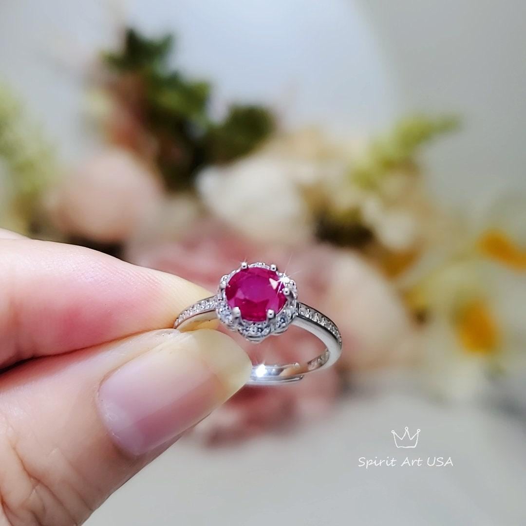 Tiny Ruby Flower Ring, Sterling Silver 0.85 CT, Red Ruby Ring, July Birthstone Gemstone Jewelry ring 1058