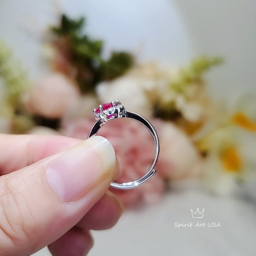 Tiny Ruby Flower Ring, Sterling Silver 0.85 CT, Red Ruby Ring, July Birthstone Gemstone Jewelry ring 1058