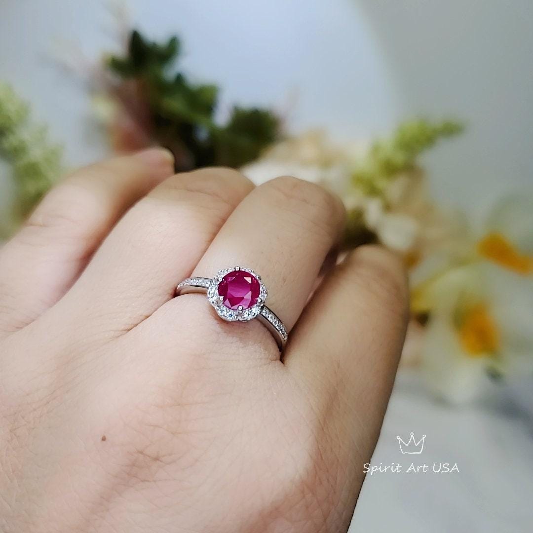 Tiny Ruby Flower Ring, Sterling Silver 0.85 CT, Red Ruby Ring, July Birthstone Gemstone Jewelry ring 1058